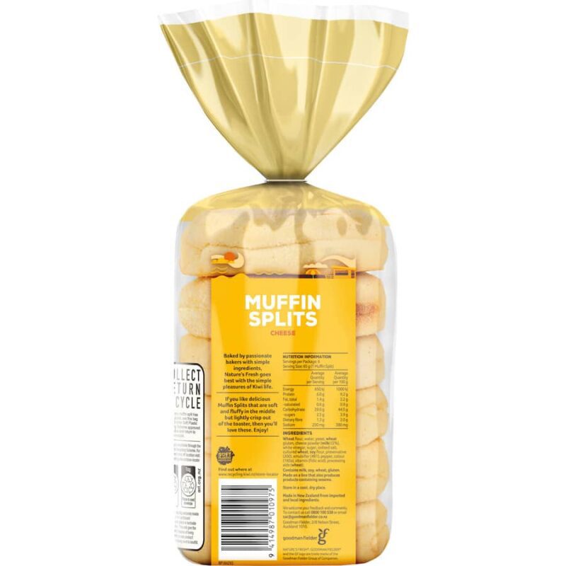 Natures Fresh English Muffins Cheese Splits 6pk 390g Back