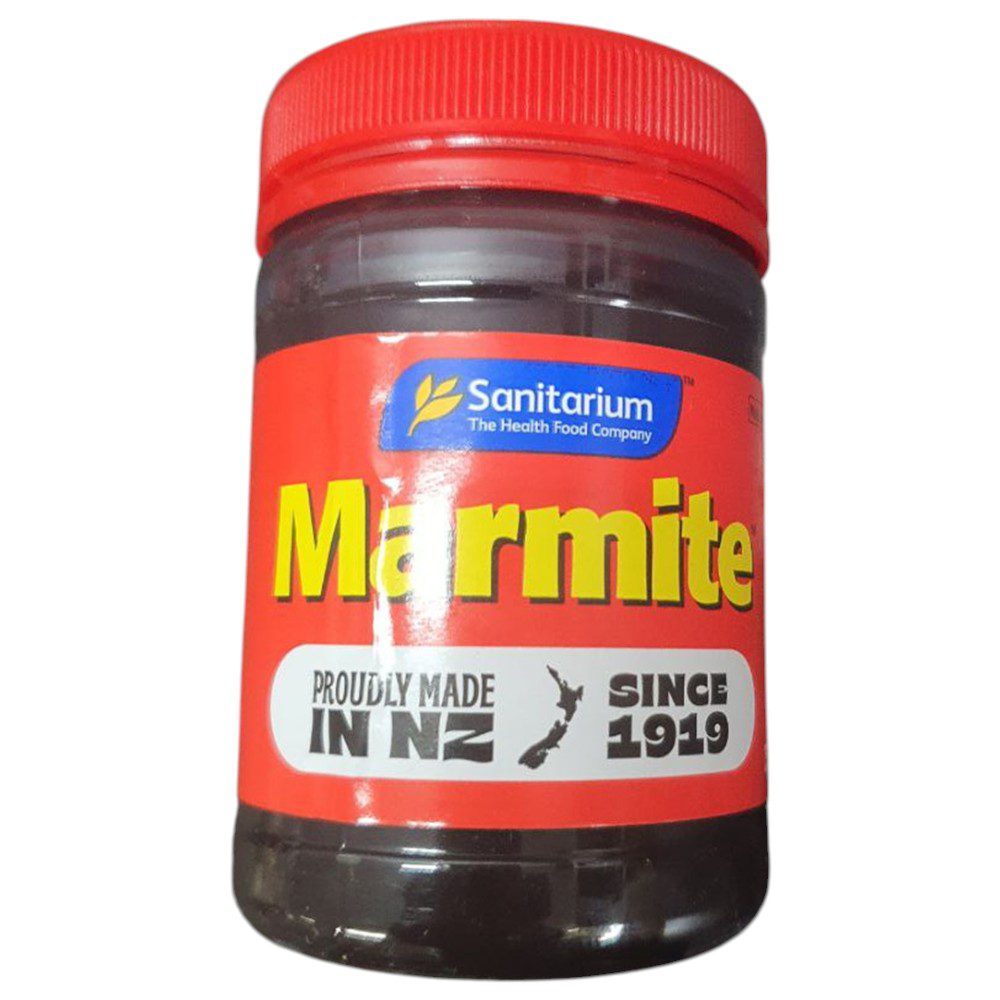 250g jar of Sanitarium Marmite with a red lid and label indicating it is made in New Zealand since 1919.