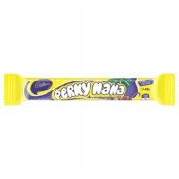 Cadbury Perky Nana chocolate bar wrapped in yellow packaging with a palm tree design.