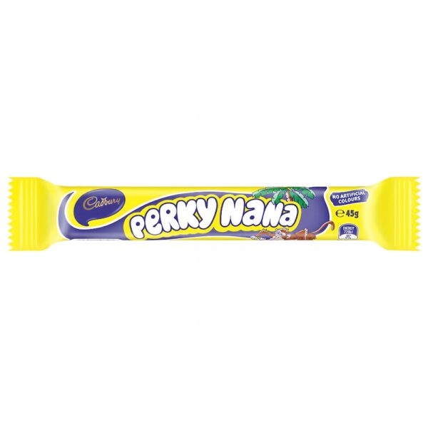 Cadbury Perky Nana chocolate bar wrapped in yellow packaging with a palm tree design.