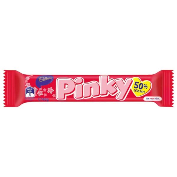 Cadbury Pinky chocolate bar packaging featuring a bright red wrapper with branding and nutritional information.