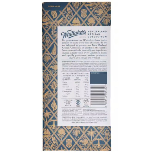 Whittakers Artisan Collection Chocolate Sea Salt & Caramel Brittle 100g Back