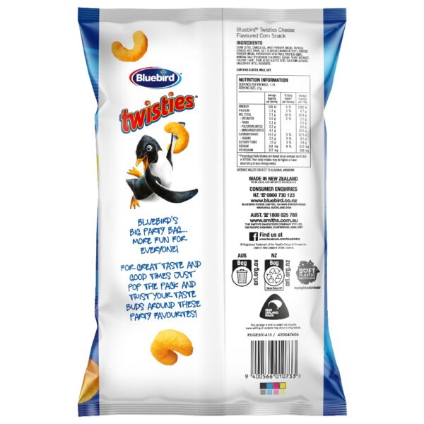 Back packaging of Bluebird Twisties cheese flavoured corn snacks, 190g size.