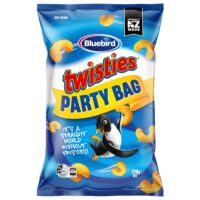Bluebird Twisties party bag featuring a penguin graphic and snack details on the packaging.
