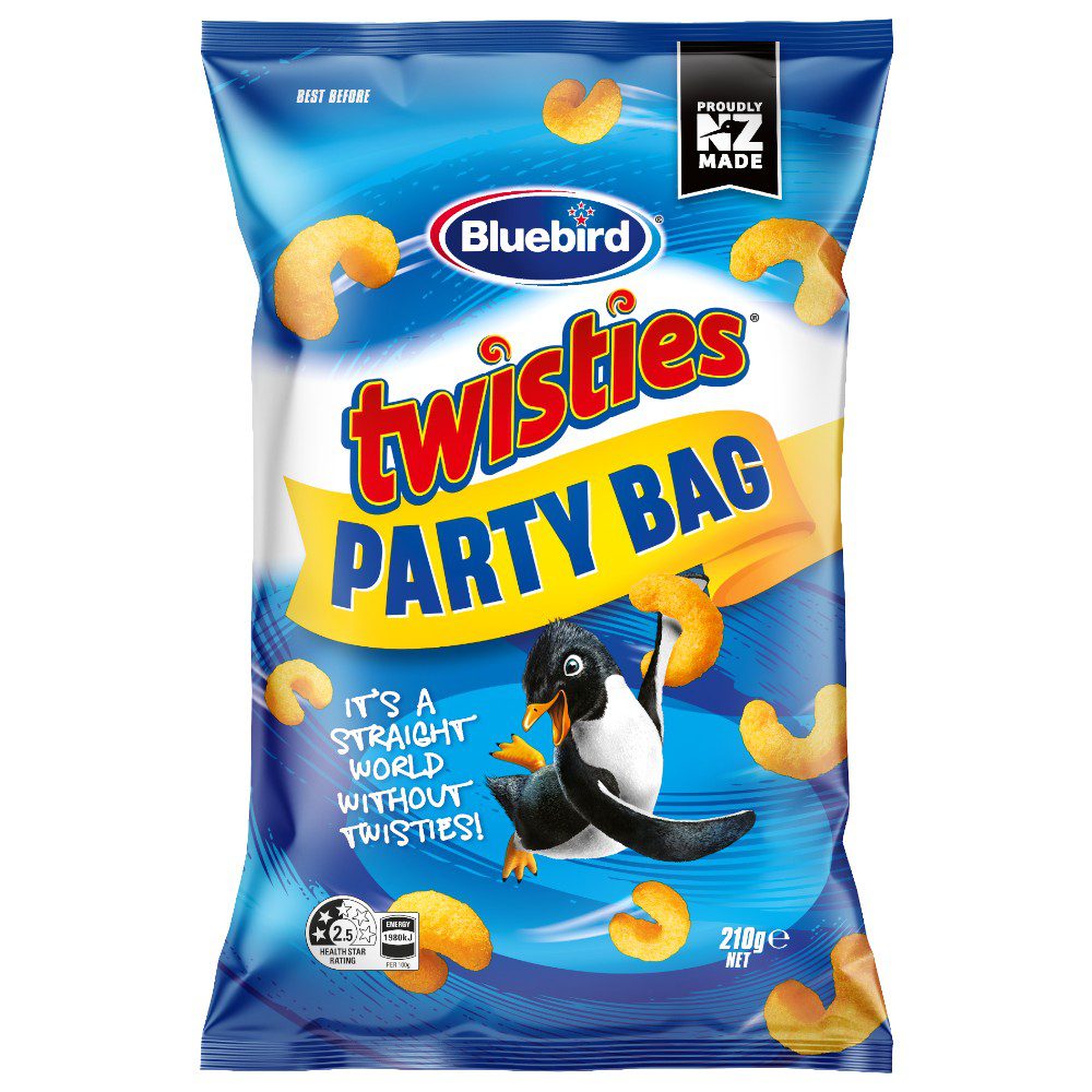 Bluebird Twisties party bag featuring a penguin graphic and snack details on the packaging.