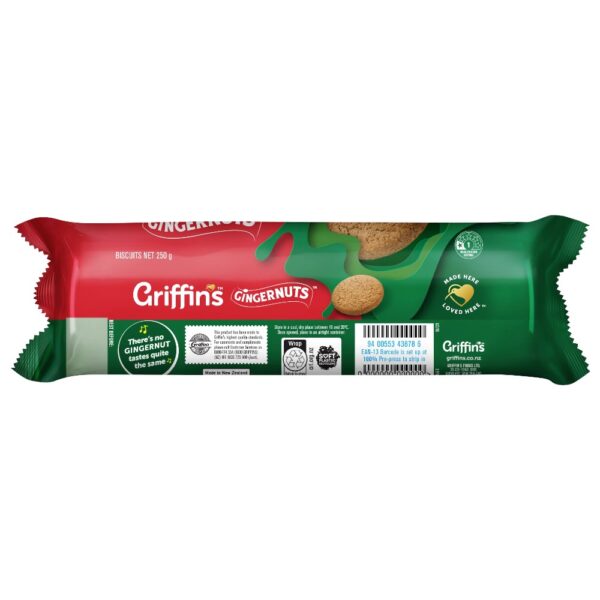 Packet of Griffin's Gingernuts biscuits, featuring a green and red design with biscuit images.