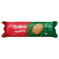 Packaging of Griffin's Gingernuts biscuits, featuring a ginger nut biscuit on a red and green wrapper.