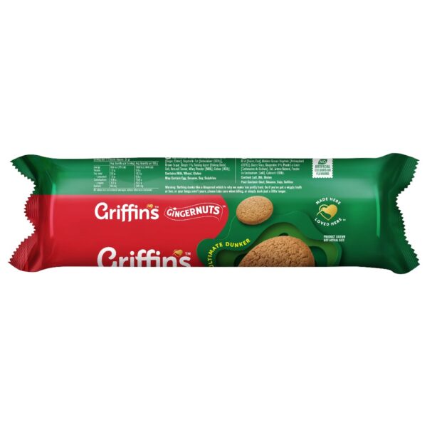 Packet of Griffin's Ginger Nuts biscuits featuring a green and red design with cookie images.