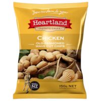 Packet of Heartland Chicken Flavoured Potato Chips, 150g, featuring wave cut chips and a golden background.
