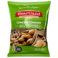 Packet of Heartland Green Onion Potato Chips, 150g, featuring wave cut chips and potatoes.