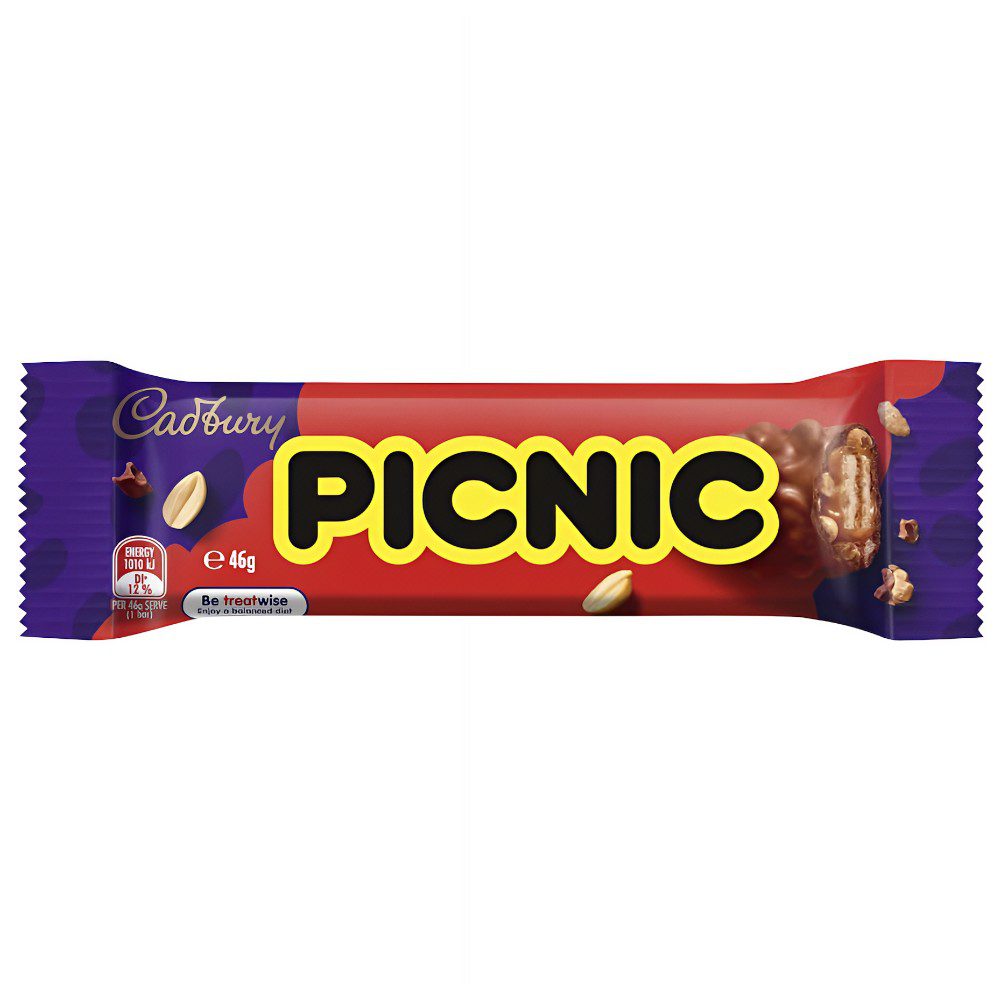 Cadbury Picnic chocolate bar packaging featuring the brand name and product weight.