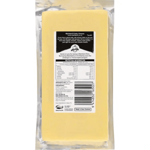 Mainland Cheese Block Old School Colby 1kg Nutritional Information