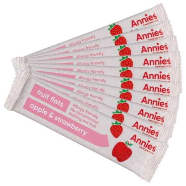Pack of Annie's strawberry fruit flats, featuring multiple individual wrappers with strawberry graphics.