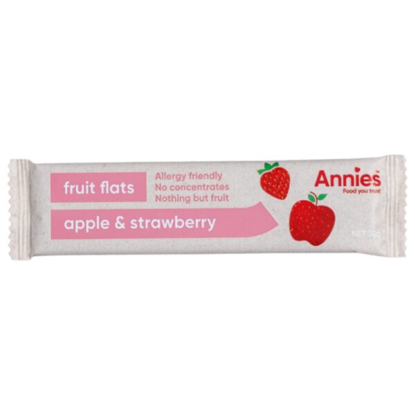 Annie's fruit flats packaging featuring apple and strawberry flavour with allergy-friendly label.
