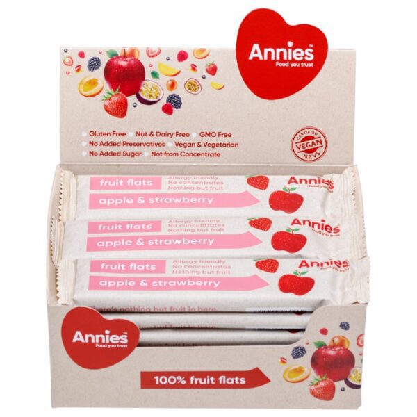 Open carton of Annie's apple and strawberry fruit flats with packaging visible.