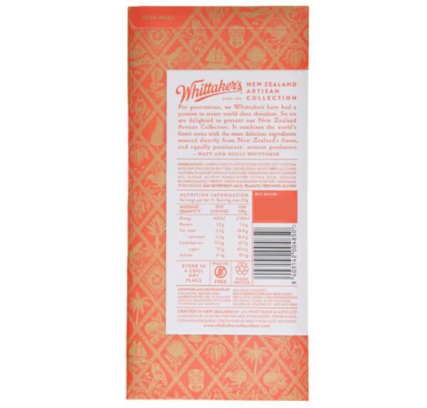 Whittakers Artisan Collection Fijian Ginger & Kerikeri Mandarin 100g Back