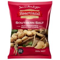 Packet of Heartland Southern Salt wave cut potato chips weighing 150g with a red design.