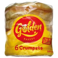 Pack of six crumpets from Golden Bakery, weighing 300 grams with low sugar content.