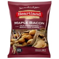 Packet of Heartland Maple Bacon wave cut potato chips weighing 150 grams.
