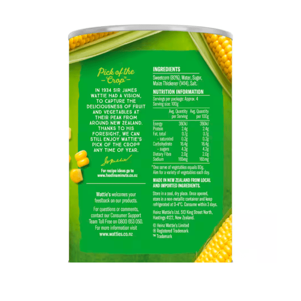 Watties Cream Style Corn 410g Nutritional Information