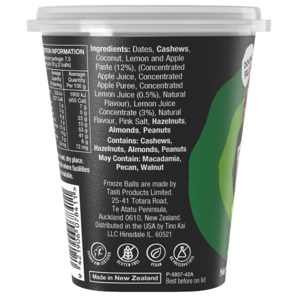 Ingredients list for Frooze Balls Lemon Cheesecake in a 210g pottle.
