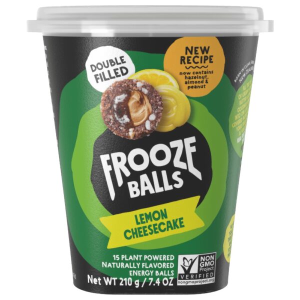 Pottle of Frooze Balls Lemon Cheesecake flavour energy balls with a double filled design.