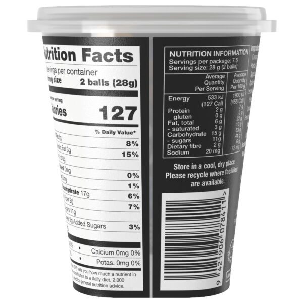 Nutrition facts label for Frooze Balls Lemon Cheesecake in a 210g pottle.