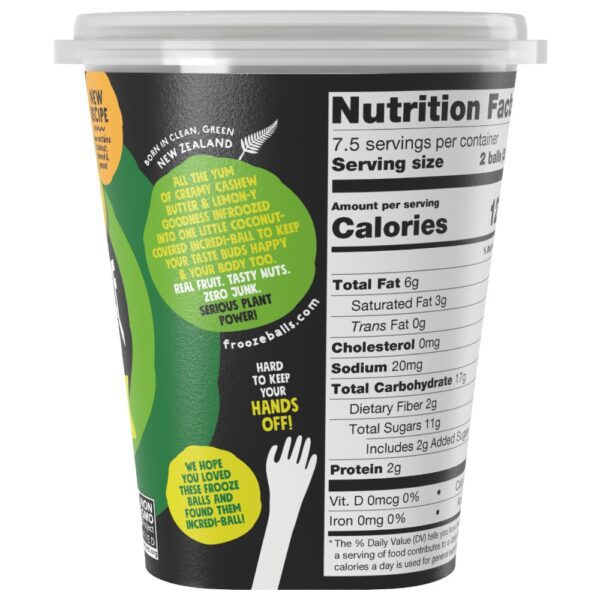 210g pottle of Frooze Balls Lemon Cheesecake with nutritional information on the side.