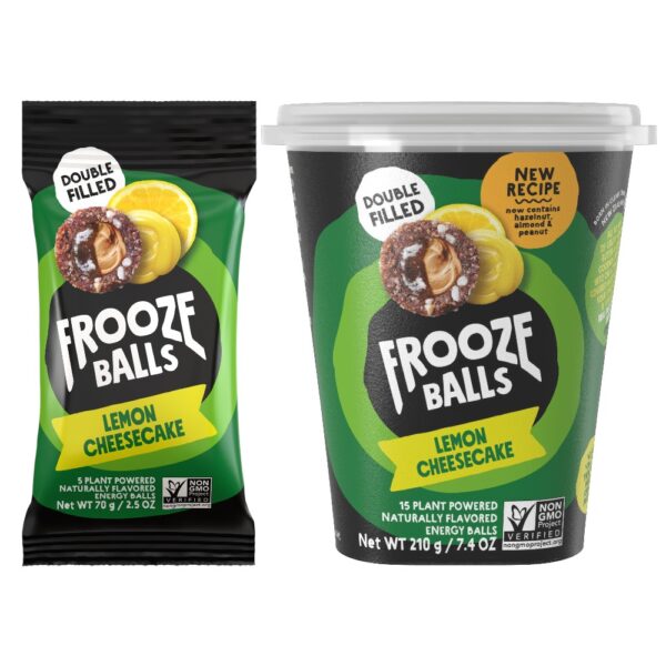 Selection of Frooze Balls Lemon Cheesecake, featuring a 5 ball pack and a 15 ball pottle with a green and black design.