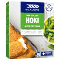 Sealord gluten free crumb hoki fish fillets in a 280g packaging with four fillets visible.