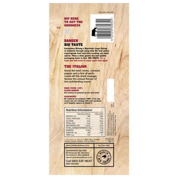 Back packaging of Canterbury Biltong 100g Italian Biersticks with nutritional information and ingredients listed.