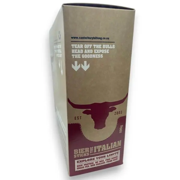 Brown carton packaging for Canterbury Biltong Italian Biersticks with a bull logo and instructions.