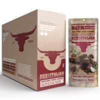 Packaging of Canterbury Biltong Italian Biersticks, featuring a bull logo and product details.