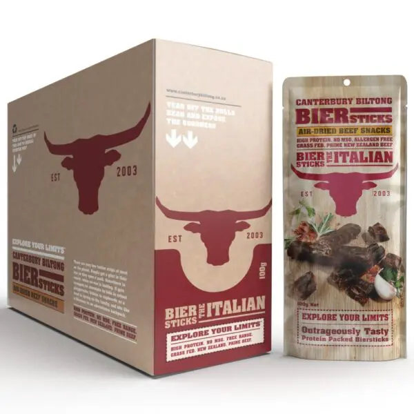 Packaging of Canterbury Biltong Italian Biersticks, featuring a bull logo and product details.