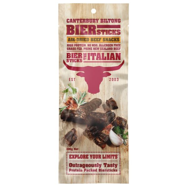 Packaged Canterbury Biltong Biersticks Italian beef snacks in a 100g bag with nutritional information.