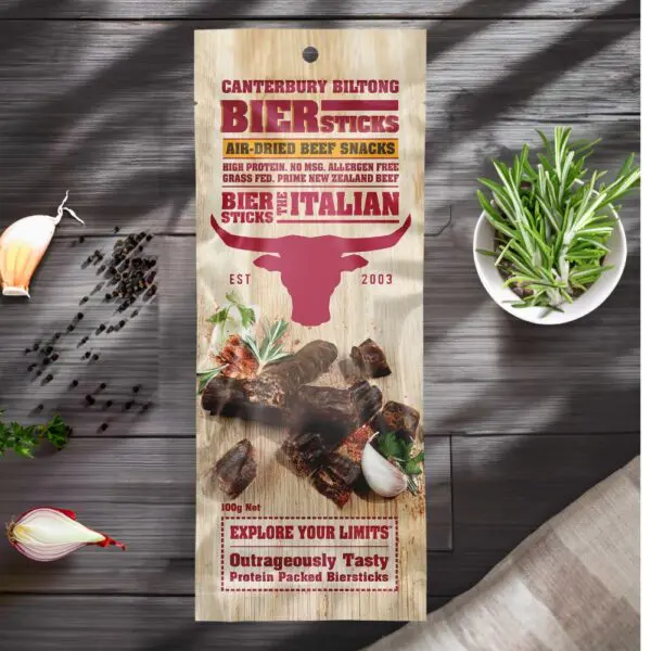 Packaging for Canterbury Biltong Biersticks featuring air-dried beef snacks with Italian flavour.