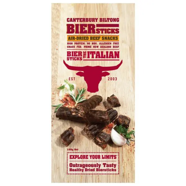 Pack of Canterbury Biltong Biersticks Italian, air-dried beef snacks in a wooden background.