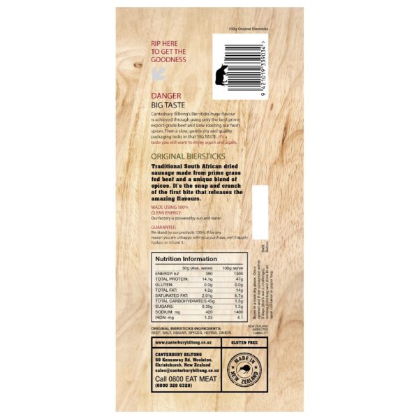 Back packaging of Canterbury Biltong Original Biersticks 100g with nutritional information.