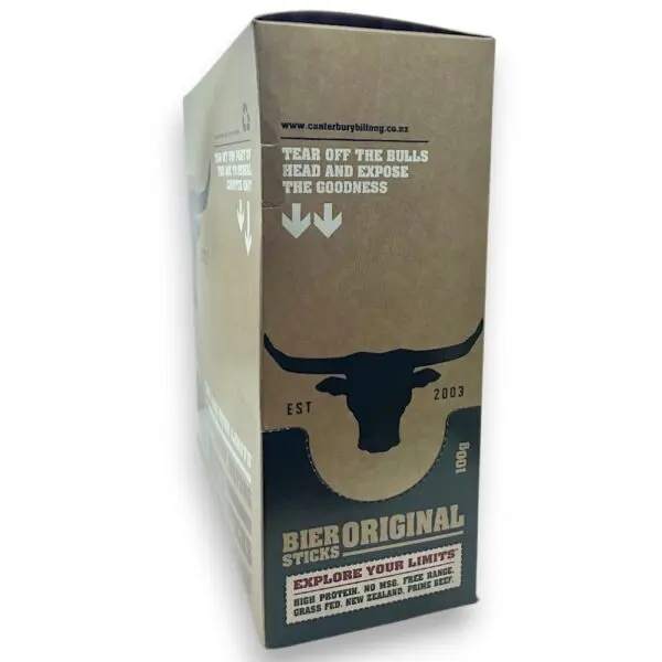 Brown carton packaging for Canterbury Biltong Original 100g Biersticks with branding and product information.