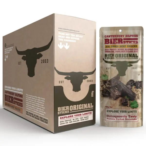 Canterbury Biltong Biersticks Original 100g carton and pack with a bull logo and nutritional information.
