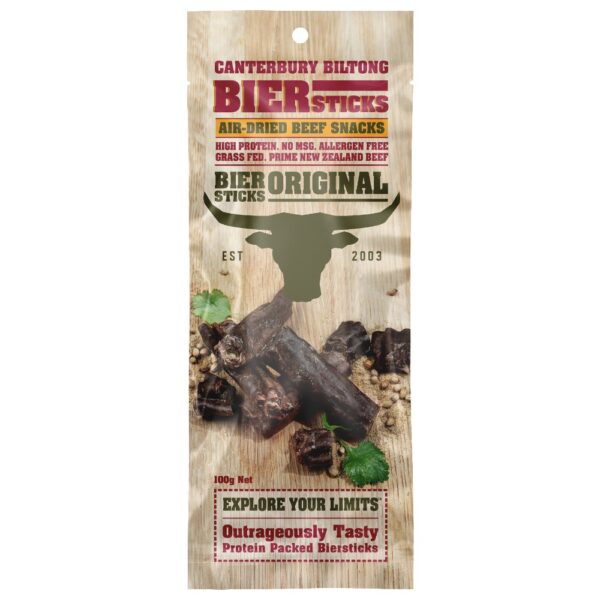 Packaging of Canterbury Biltong Biersticks Original, featuring air-dried beef snacks with a cow silhouette.