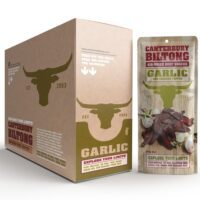 Packaging of Canterbury Biltong garlic-flavoured air-dried beef snacks in a carton and pouch.
