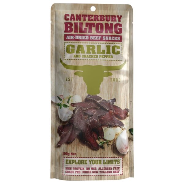 Packaging of Canterbury Biltong garlic and cracked pepper flavour, featuring air-dried beef snacks.