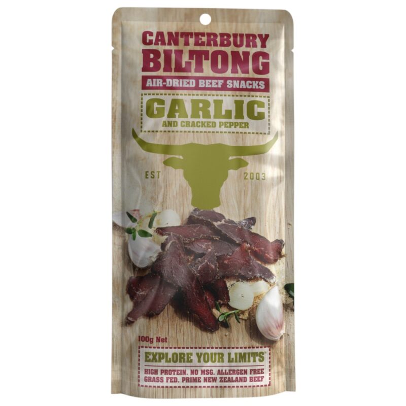 Packaging of Canterbury Biltong garlic and cracked pepper flavour, featuring air-dried beef snacks.
