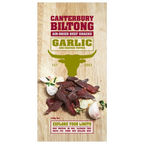 Packaged Canterbury biltong featuring garlic and cracked pepper flavour with air-dried beef snacks.