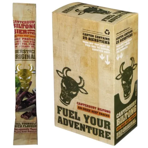 Carton and 25g pack of Canterbury Biltong Bierstick Original containing 25 air-dried beef snacks.