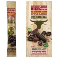 Packaged Canterbury Biltong Original Biersticks in 25g and 100g varieties featuring air-dried beef snacks with branding.