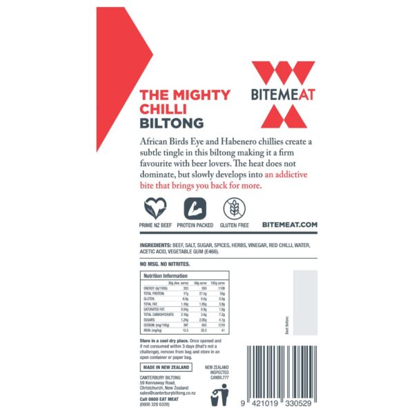 Back packaging of BiteMeat Chilli Biltong, detailing ingredients and nutritional information.