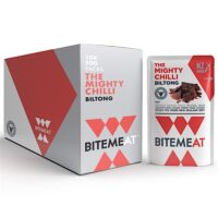 Pack of Bitemeat Mighty Chilli Biltong with a carton box containing multiple packs.