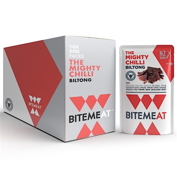 Pack of Bitemeat Mighty Chilli Biltong with a carton box containing multiple packs.